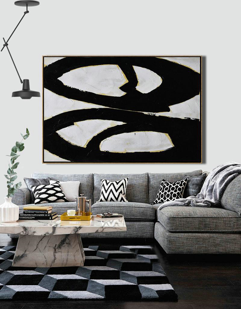 Oversized Custom Canvas Art,Horizontal Palette Knife Minimal Canvas Art Painting Black White Beige - Abstract Art On Canvas, Modern Art